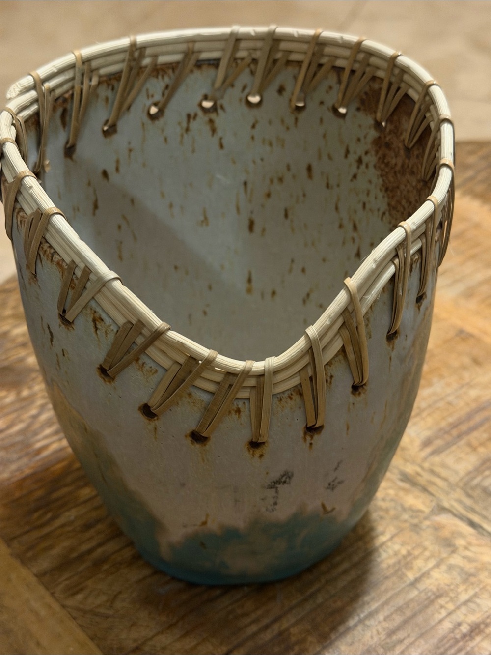 Handmade Studio Pottery Bowl with Woven Rim, White & Turquoise, 10” 2005
